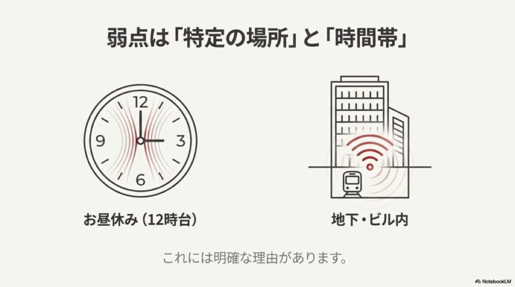 楽天モバイルの弱点は「地下・ビル内」と「お昼休み（12時台）」。特定の場所と時間帯で注意が必要な理由を解説。