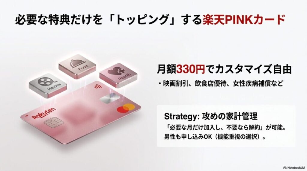 楽天PINKカードのカスタマイズ特典。月額330円で映画や飲食店の優待、女性疾病補償などをトッピング可能