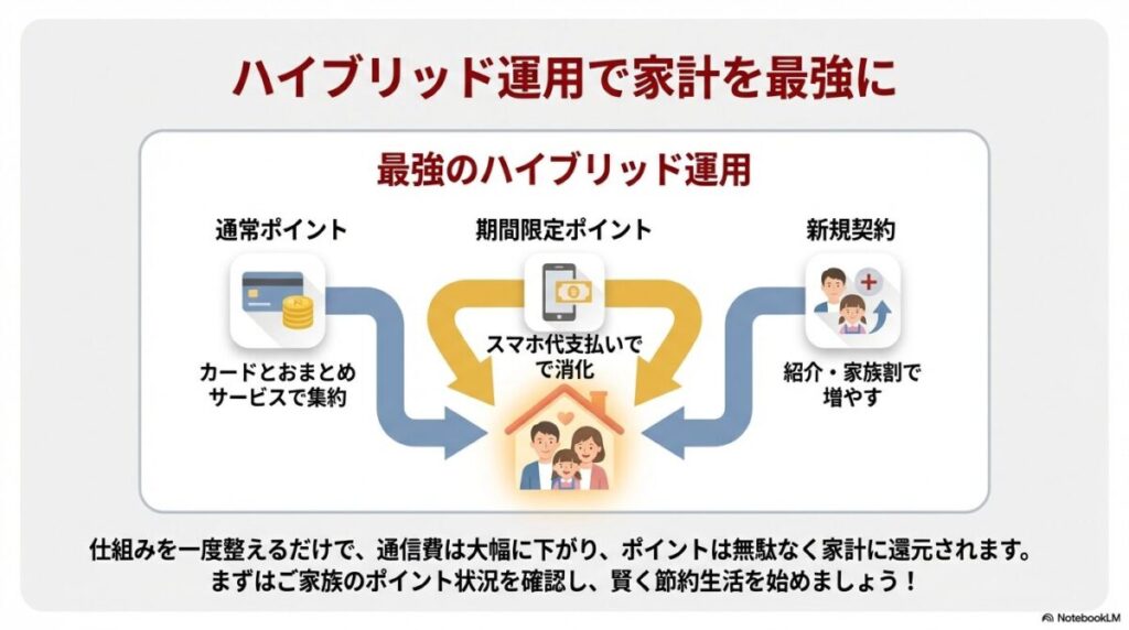 通常ポイントは集約、期間限定ポイントは支払いで消化、紹介・家族割で増やす運用のまとめ図。