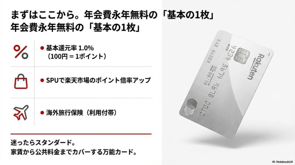 楽天カード（スタンダード）の基本スペック。還元率1.0％、SPUでのポイントアップ、利用付帯の海外旅行保険の紹介。