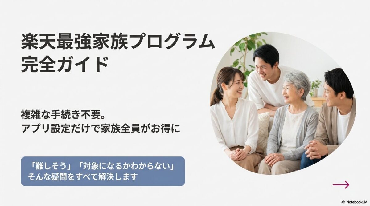 楽天最強家族プログラム完全ガイドの表紙。笑顔の家族4世代がリビングでくつろいでいるイメージ画像。