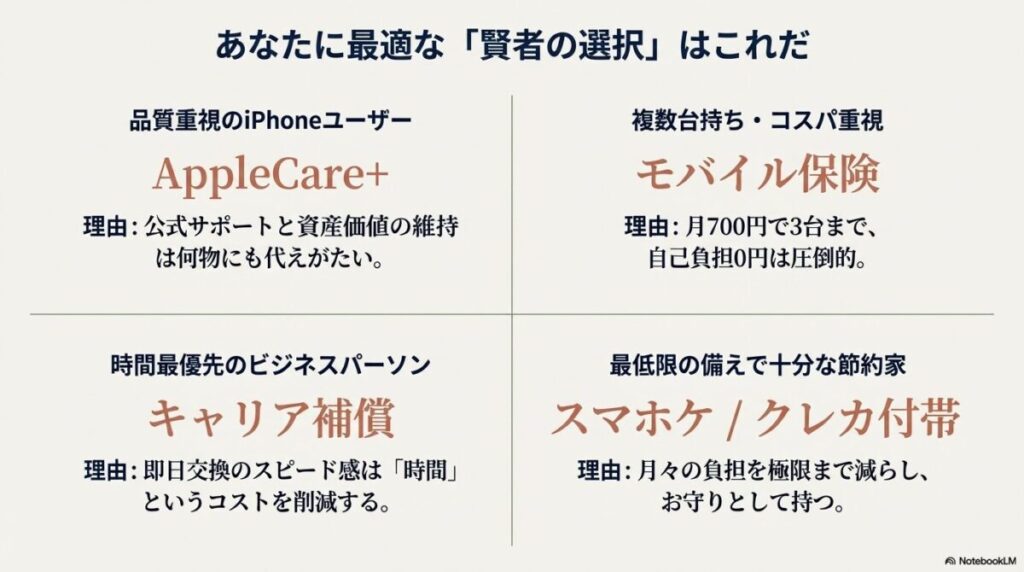 品質重視、時間最優先、コスパ重視、節約家という4つのユーザータイプ別に、最適なおすすめ保険を分類した図。