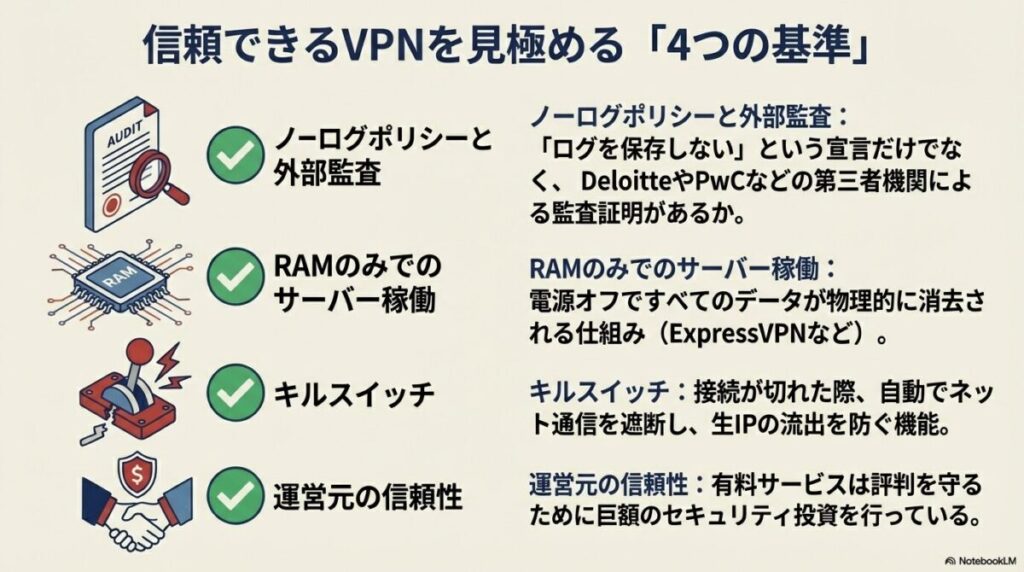 第三者機関によるノーログ監査、RAMのみでのサーバー稼働、キルスイッチ機能、運営元の信頼性の4つの基準をまとめた比較表。