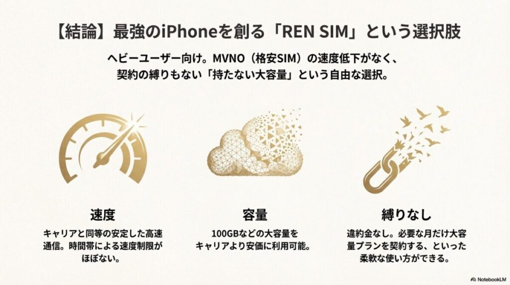 速度、容量、縛りなしの3つのポイント。キャリア同等の安定した高速通信と100GBなどの大容量を、違約金なしで利用できるREN SIMの特徴。