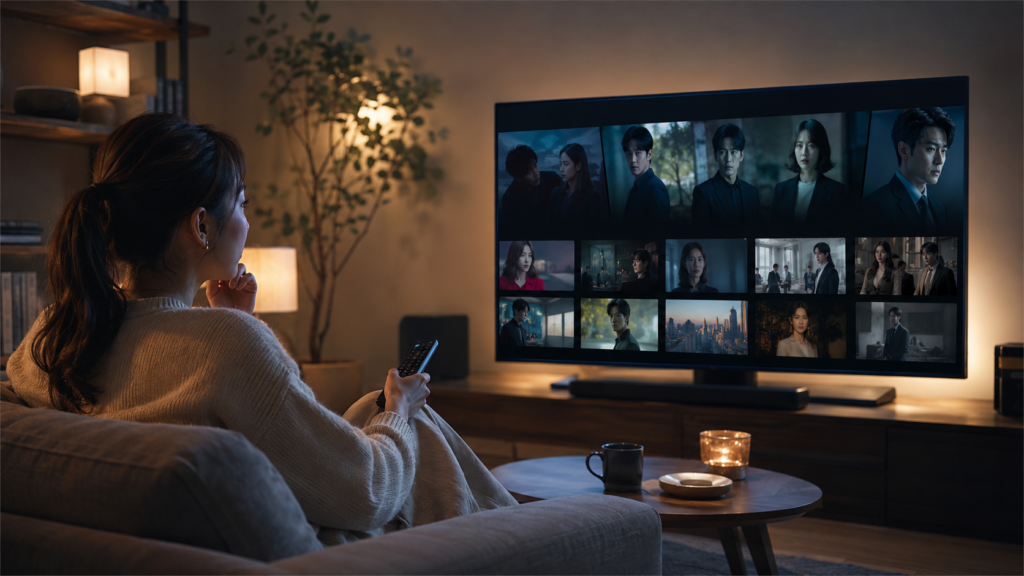 Netflixで連続ドラマWの配信作品を探す女性