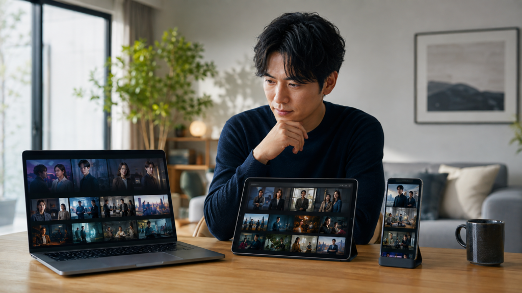 連続ドラマWを視聴できる動画配信サービスを比較する男性