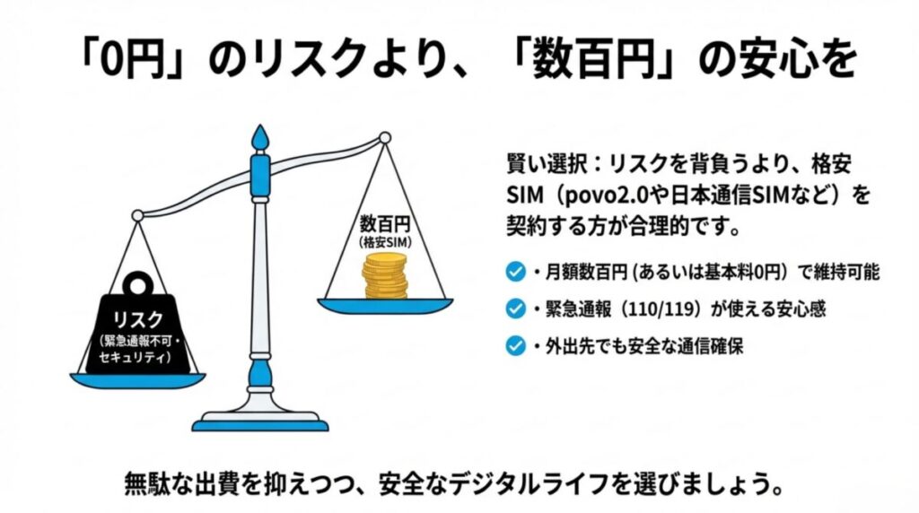 天秤の左側に「リスク（緊急通報不可・セキュリティ）」の重り、右側に「数百円（格安SIM）」のコインが乗り、格安SIMを契約する方が合理的であることを示すイラスト 。