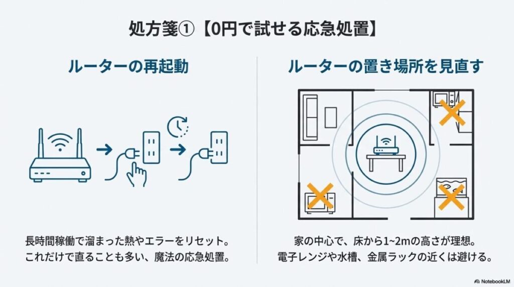電源の抜き差しによる再起動手順と、電子レンジや水槽を避けた高い位置への設置例。