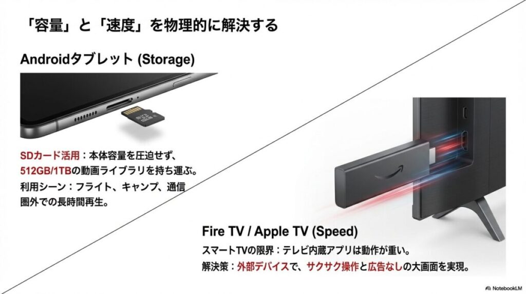 AndroidタブレットのSDカード活用と、Fire TV/Apple TVによる大画面視聴のメリット解説