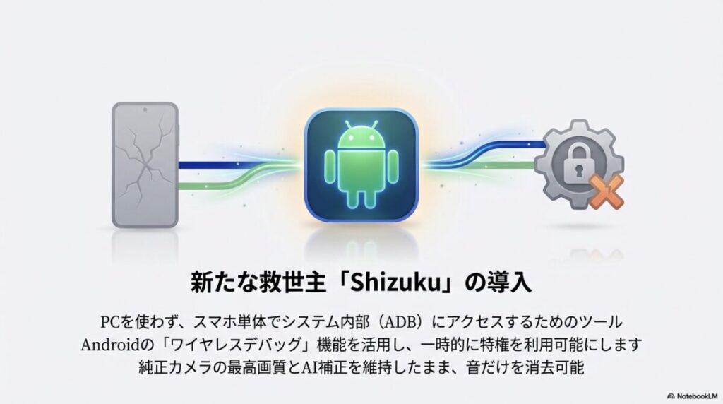 PCを使わずにスマホ単体でADB権限を利用可能にするツール「Shizuku」の概要。