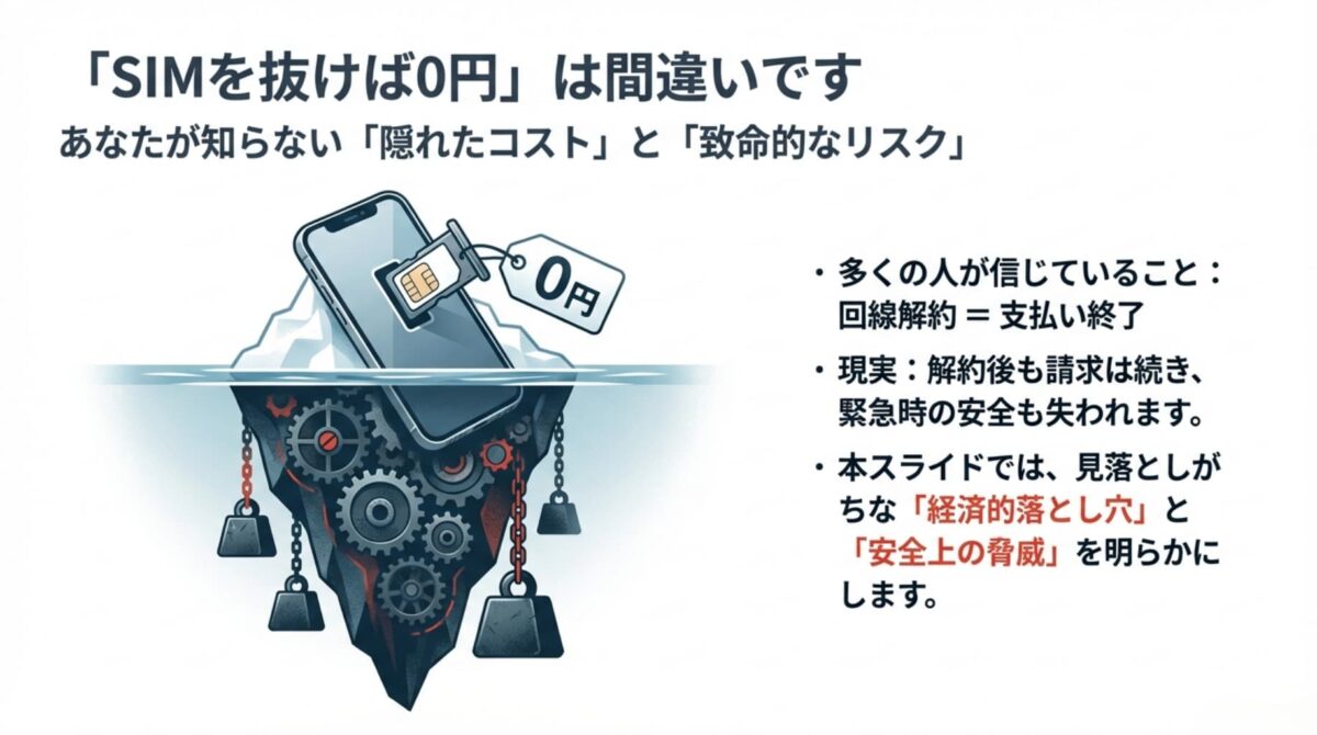 氷山の一角として表現されたSIMなしスマホ。水面上には0円のタグがあるが、水面下には端末代金の残債や緊急通報不可などの大きなリスクが隠れているイラスト 。
