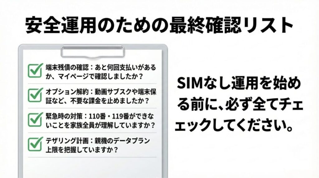 端末残債、オプション解約、緊急時の対策、テザリング計画の4項目をチェックする確認リストのイラスト 。