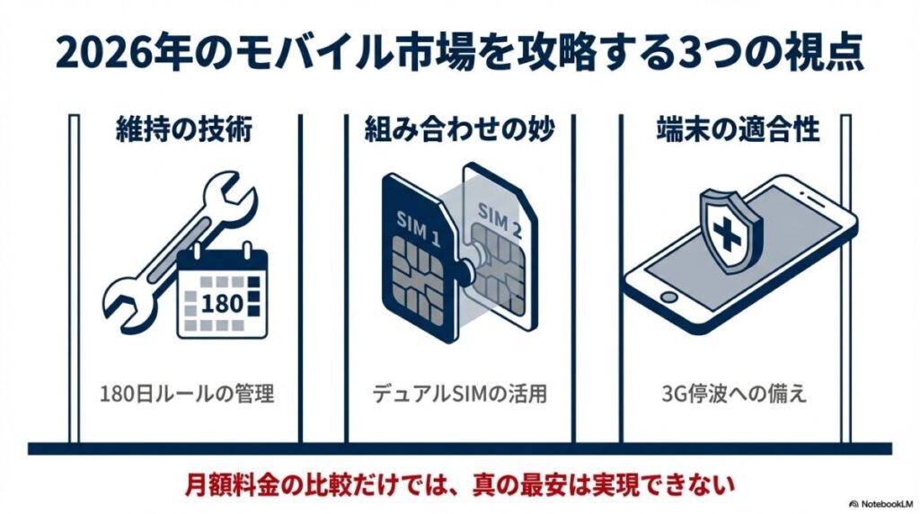 維持の技術、組み合わせの妙、端末の適合性の3つの視点を示す図解。