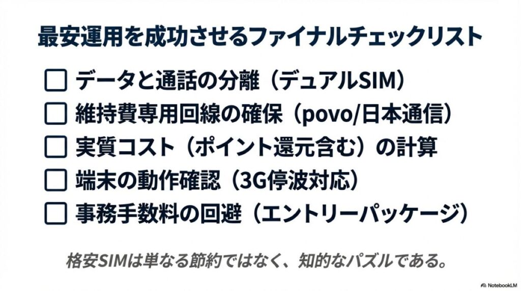 デュアルSIM、維持費専用回線、端末適合性、事務手数料回避の最終確認項目。
