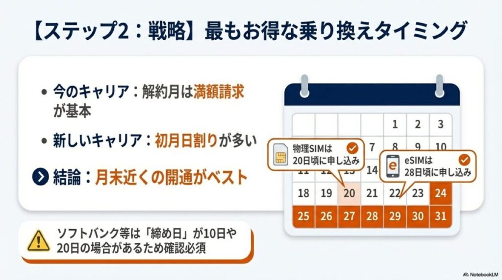 解約月の満額請求と初月日割りを考慮し、月末近くに開通させるための申し込み目安（物理SIMは20日、eSIMは28日頃）。