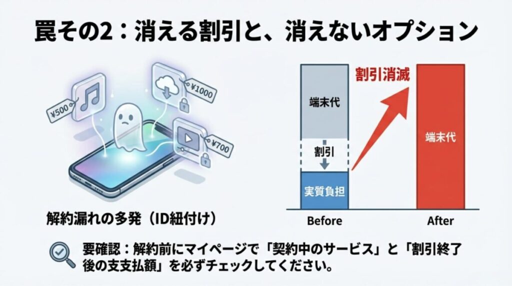 通信解約前後の料金比較グラフ。解約後は月々サポートなどの割引が消滅し実質負担が増えることと、解約し忘れた有料オプションが幽霊のように残る様子 。