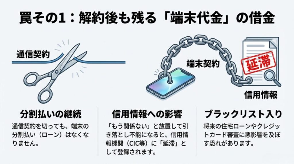 通信契約はハサミで切られているが、端末と書類（延滞・信用情報）が太い鎖で繋がったままの状態。支払いを怠るとブラックリスト入りのリスクがあることを示すイラスト 。
