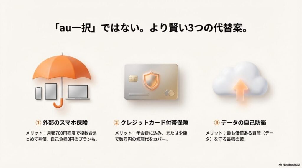 外部のスマホ保険(複数台補償)、クレジットカード付帯保険、データの自己防衛という、au一択ではない3つの賢い代替案を提示するスライド。