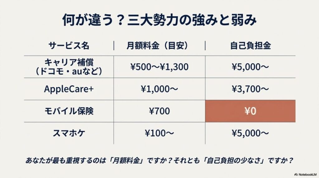 キャリア補償、AppleCare+、モバイル保険、スマホケの月額料金と自己負担金額を一覧で比較した表。