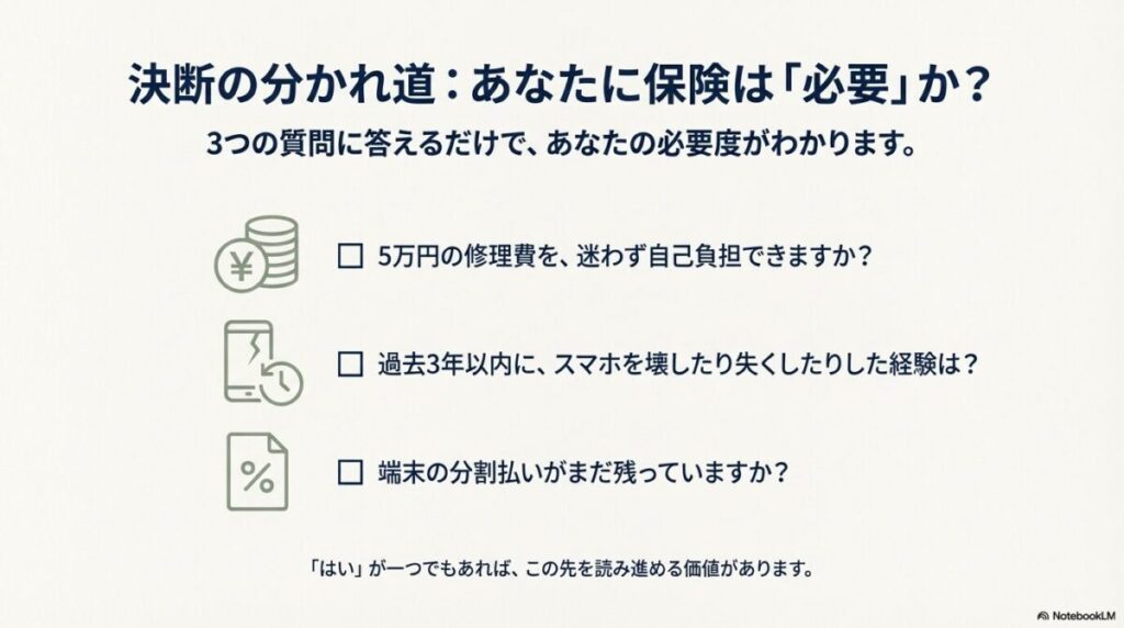 修理費の自己負担可否、過去のトラブル経験、端末残債の有無の3項目で、スマホ保険の必要性を診断するスライド。