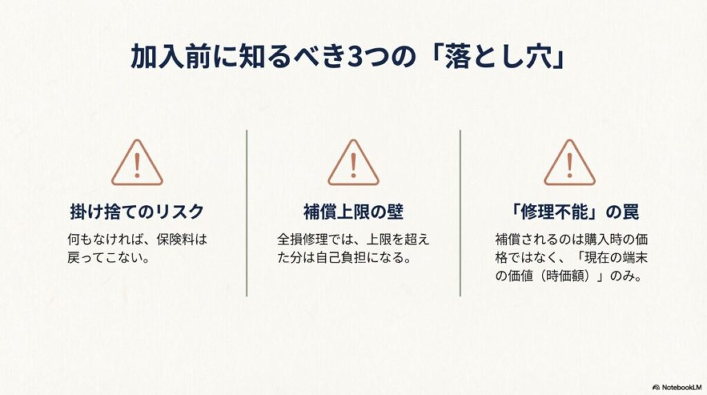 掛け捨てのリスク、補償上限の壁、修理不能時の時価額評価という、スマホ保険における3つの「落とし穴」を解説。