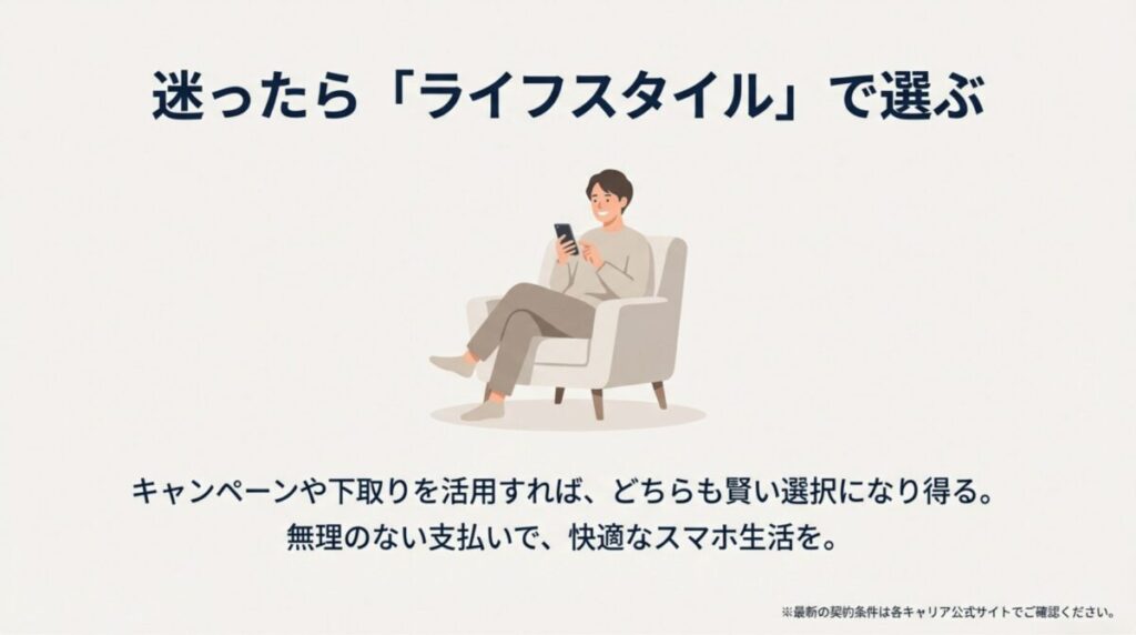 椅子に座ってスマホを操作する人のイラストと共に、迷ったらライフスタイルで選ぶことを推奨するまとめのスライド。