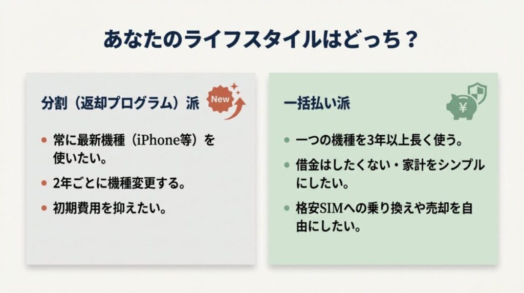 長く使う人や格安SIM利用者は一括払い、常に最新機種を使いたい人は分割返却プログラムが向いていることを示すチェックリスト形式のスライド。