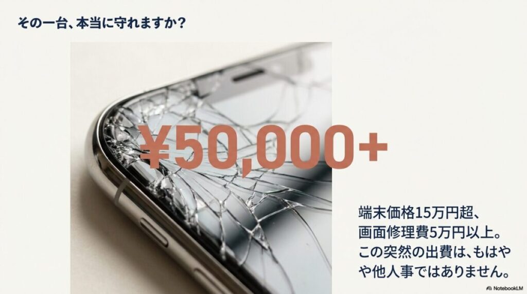 端末価格15万円超、画面修理費5万円以上という、スマホ修理における高額な出費リスクを説明する図解。