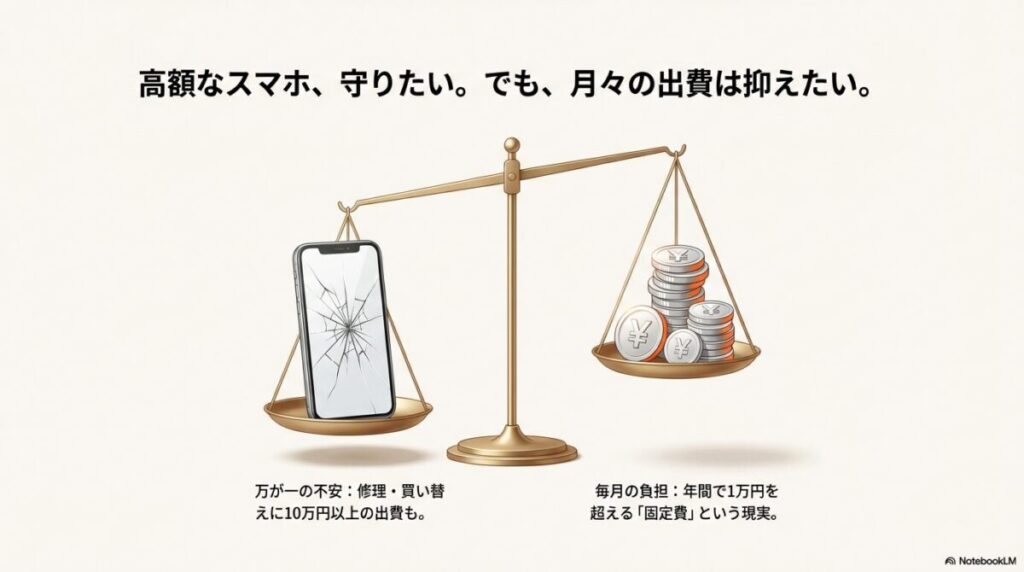 天秤の左側に10万円以上の出費リスク(故障したスマホ)、右側に年1万円を超える固定費(硬貨の山)を描き、高額なスマホを守りたい気持ちと月々の出費を抑えたい気持ちの葛藤を表したスライド。