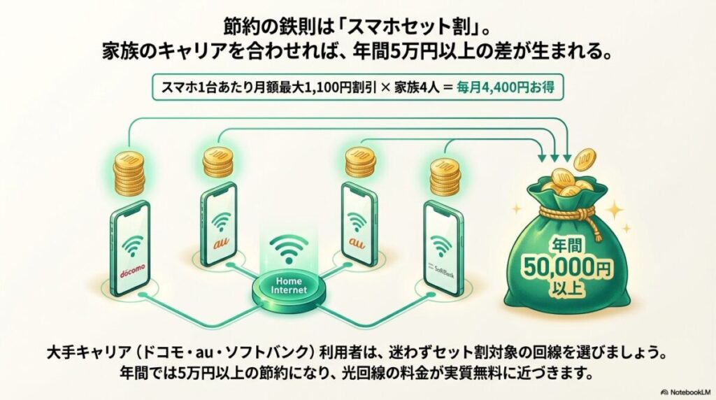 家族4人でキャリアを合わせることで、年間5万円以上の節約になり、光回線料金が実質無料に近づくことを示す図解。