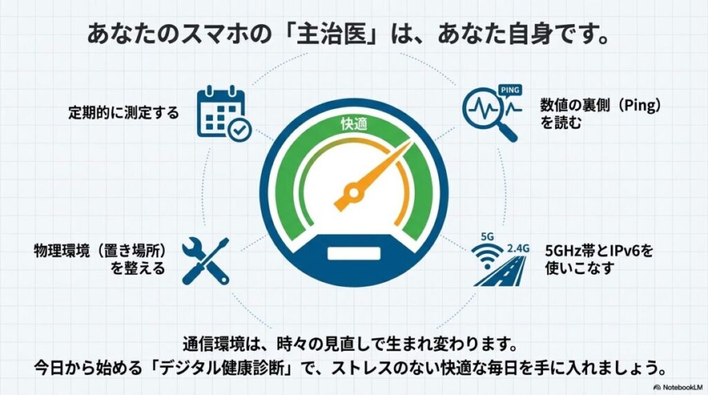 定期的な測定、Pingの確認、置き場所、5GHz/IPv6の活用という4つの重要ポイントのまとめ。