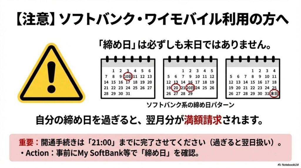 ソフトバンク系キャリアの締め日が10日・20日・末日の3パターンあることを示す注意喚起スライド。