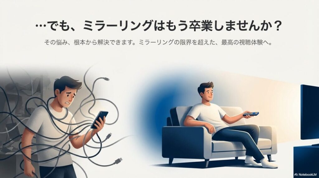 絡まったケーブルに困る男性から、リモコンで快適に視聴する男性への変化を描いたスライド。「ミラーリングはもう卒業しませんか?」というメッセージ。