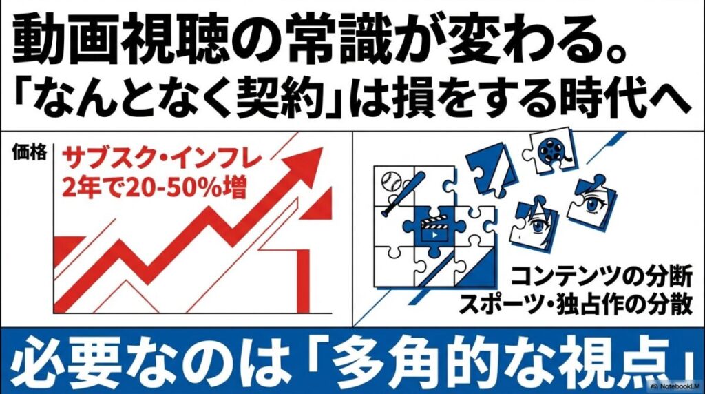 2026年の動画視聴市場の現状。2年で20-50%増加したサブスク・インフレと、スポーツや独占作の分断について解説。