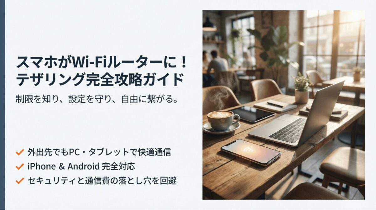「スマホがWi-Fiルーターに！テザリング完全攻略ガイド」と書かれた、カフェでパソコンとスマホを並べて作業しているイメージ画像。