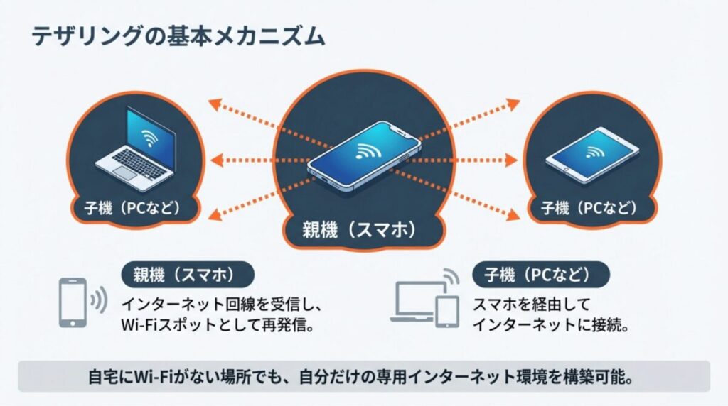 スマホ（親機）がインターネット回線を受信し、Wi-FiスポットとしてPC（子機）へ再発信して接続する仕組みを説明したイラスト。