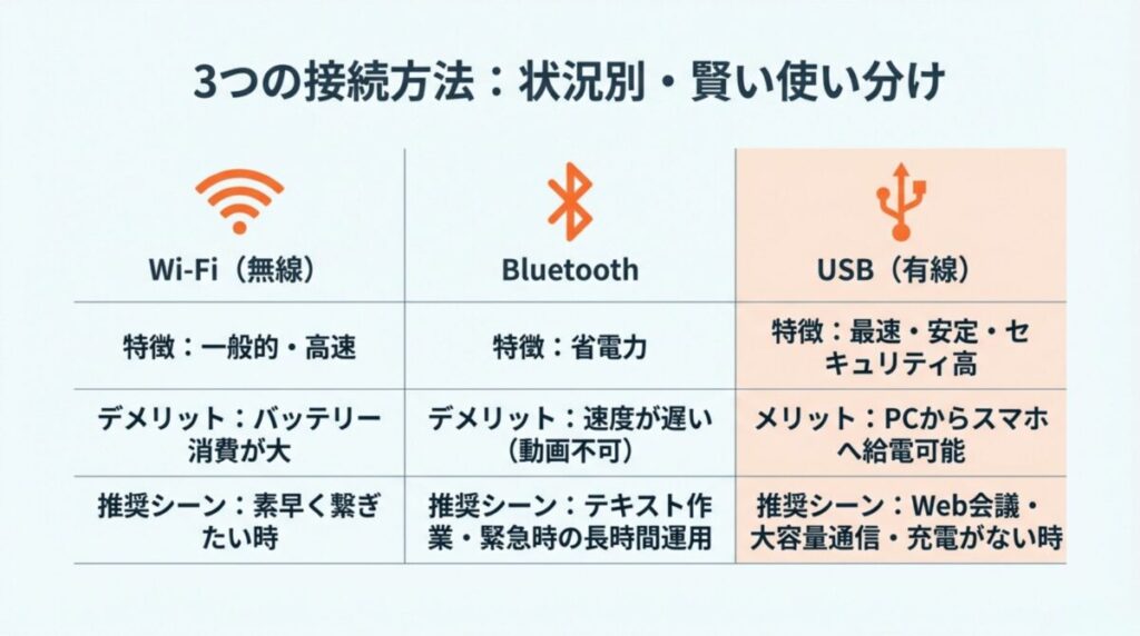 Wi-Fi、Bluetooth、USBの3つの接続方式について、速度、バッテリー消費、推奨シーンなどのメリット・デメリットをまとめた比較表。