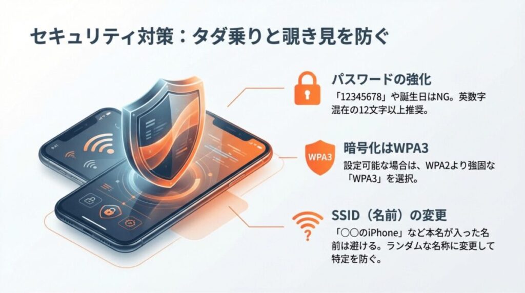 パスワードの強化（12文字以上推奨）、暗号化規格WPA3の選択、SSID（名前）の変更によるセキュリティ対策のポイント。