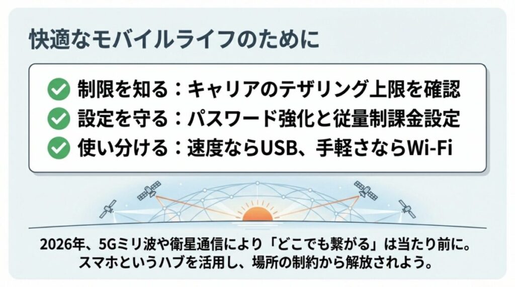 「制限を知る」「設定を守る」「使い分ける」という、テザリングを賢く使うためのまとめと、2026年のモバイルライフに向けたメッセージ。