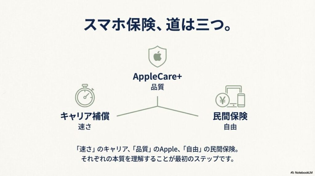 「速さ」のキャリア補償、「品質」のAppleCare+、「自由」の民間保険という、3つの主要な選択肢の本質をまとめた図。