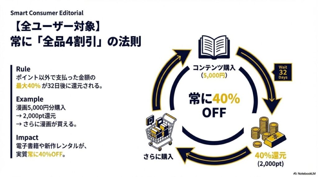 コンテンツ購入額の最大40%が32日後にポイント還元され、実質常に40%OFFで漫画や新作レンタルが利用できる仕組みの解説