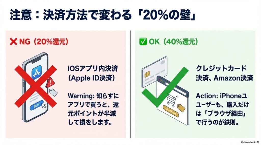 還元率が20%に半減するiOSアプリ内決済を避け、40%還元となるクレジットカードやAmazon決済、ブラウザ経由での購入を推奨する比較画像