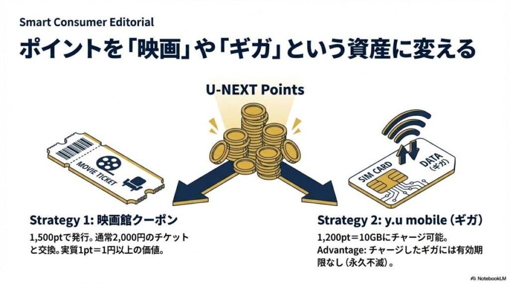 1,500ポイントで通常2,000円の映画館チケットと交換するルートと、y.u mobileで1,200ポイントを有効期限なしの10GBチャージに変える方法の紹介