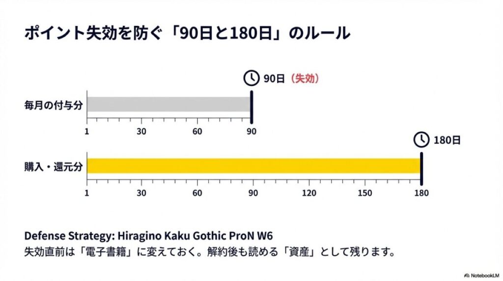 毎月の付与分(90日)と購入・還元分(180日)の有効期限の違いと、失効直前に電子書籍へ変えて資産として残す防衛策の図解