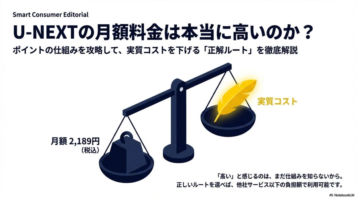U-NEXTの月額料金が高いと感じる人向けに、ポイントの仕組みを攻略して実質コストを下げる「正解ルート」を徹底解説するスライド