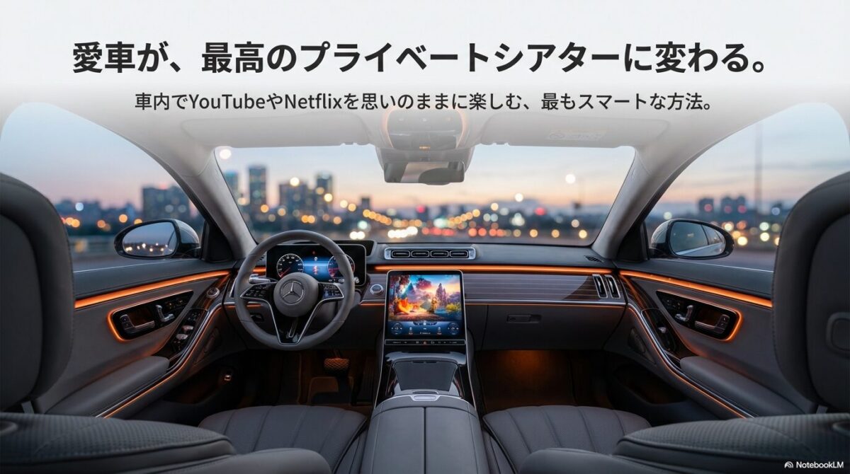 「愛車が、最高のプライベートシアターに変わる。」というキャッチコピーと共に、車内でYouTubeやNetflixをスマートに楽しむ方法を提案するタイトルのスライド。