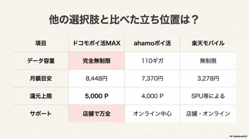 ドコモポイ活MAX、ahamoポイ活、楽天モバイルの3プランについて、データ容量、月額目安、還元上限、サポート体制を比較した表