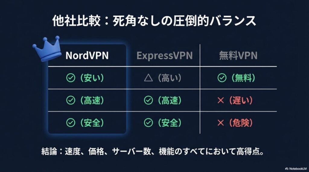 NordVPN、ExpressVPN、無料VPNを、価格・速度・安全性の面で比較し、NordVPNのバランスの良さを示す図。