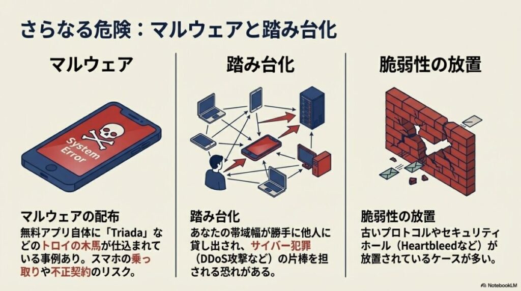 VPNアプリに仕込まれたトロイの木馬「Triada」による乗っ取りや、自分の通信帯域がサイバー犯罪(DDoS攻撃)の踏み台にされるリスクを説明する図。