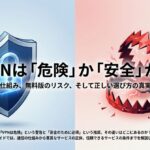 VPNは危険か安全かを解説するプレゼンスライドの表紙。仕組み、無料版のリスク、正しい選び方の真実という見出しが記載されています。